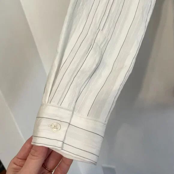 ANN TAYLOR LOFT White Black Textured Pinstripe Striped Long Sleeve Popover Tunic - Picture 15 of 16